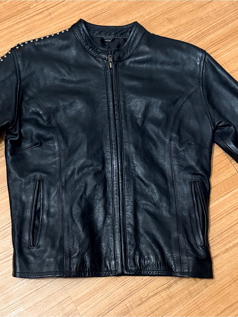 Unik Black Leather Stud-Accent Zip Jacket